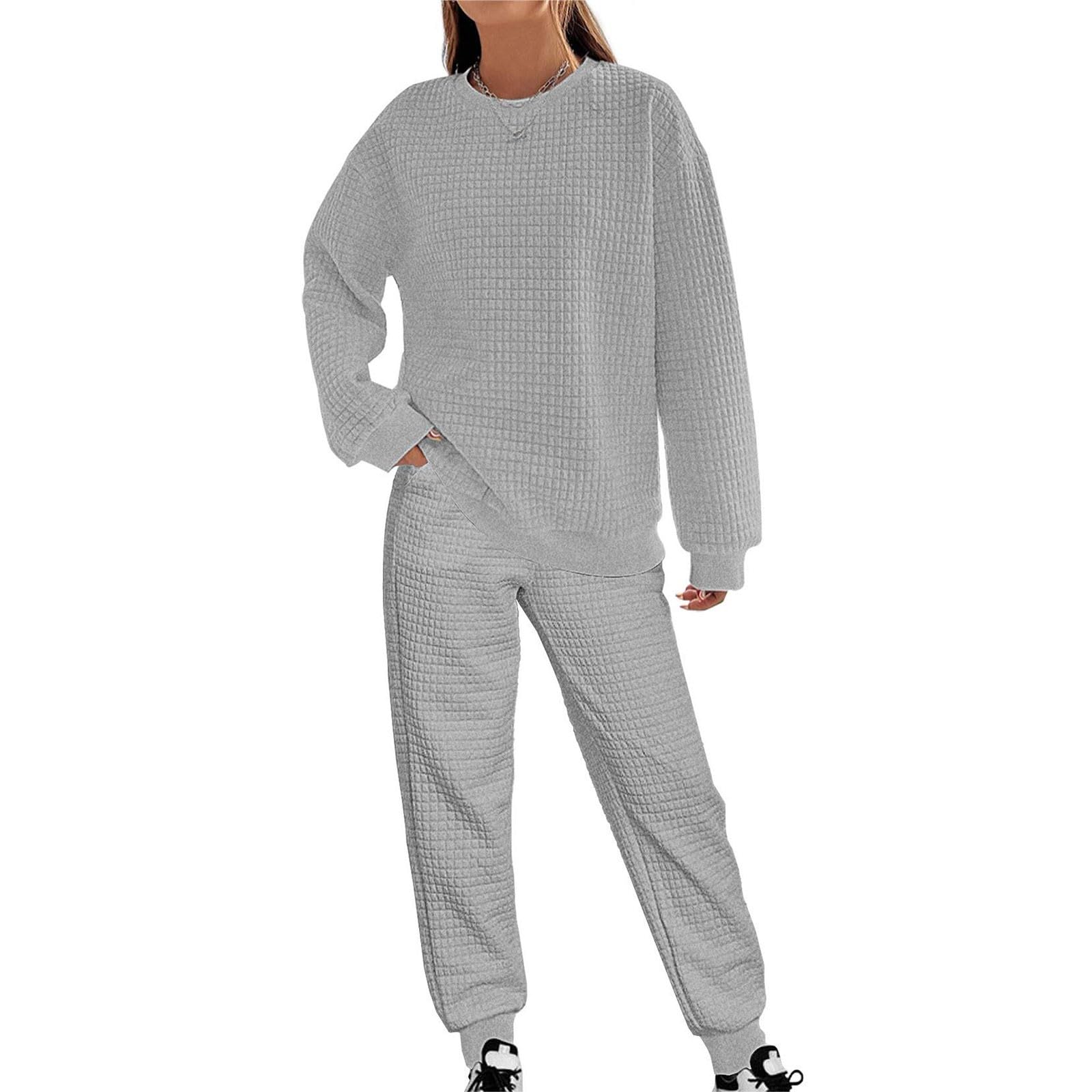 Ensemble de pyjama 2 pièces à carreaux pour femme | Haut à manches longues et col rond et pantalon de pyjama douillet uni élastique
