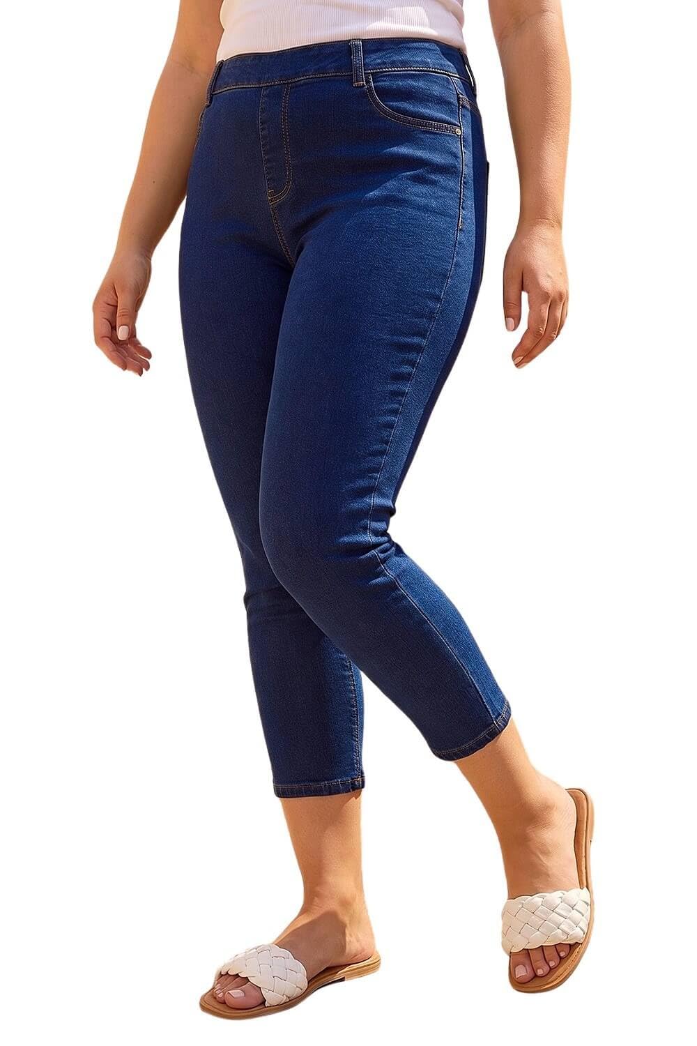 Roman Women's Indigo Curve Elastic Waist Cropped Denim Jeggings In Size 26-28