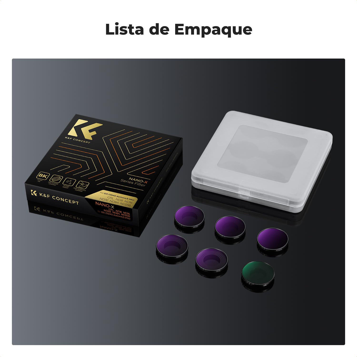 K&F CONCEPT Lote de 6 Filtros ND Compatibles con dji Osmo Action 5 Pro/Action 4, Vidrio Óptico HD Multicapa CPL + ND8 + ND16 + ND32 + ND64 + ND256 Accesorios de Cámara de Acción de Densidad Neutra