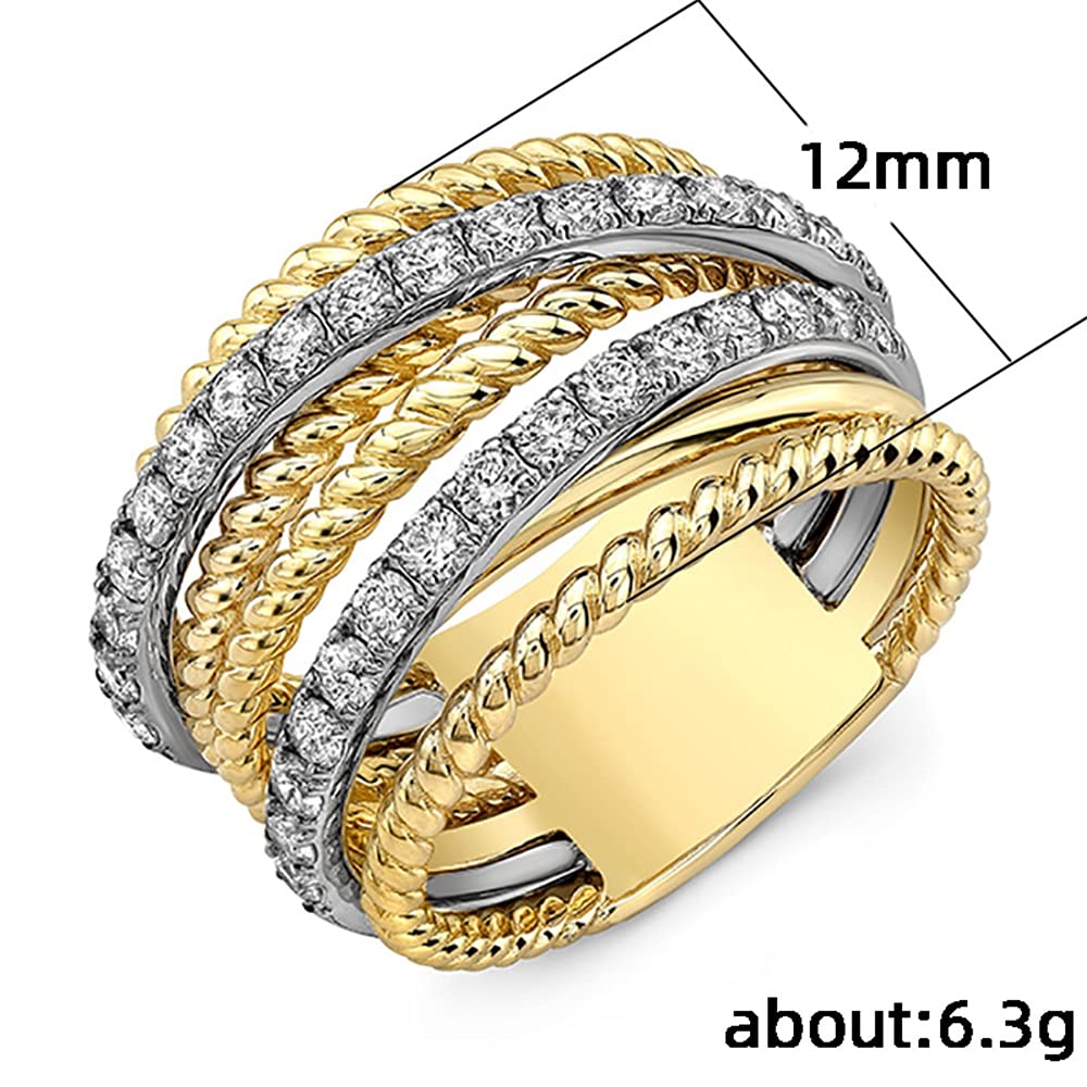 18K Yellow and White Gold Plated Two Tone Fashion Shiny Full Diamond Gemstone Ring Cubic Zirconia Rings CZ Diamond Multi Row Cross Ring Eternity Engagement Wedding Band Ring for Women ST.186 (7)