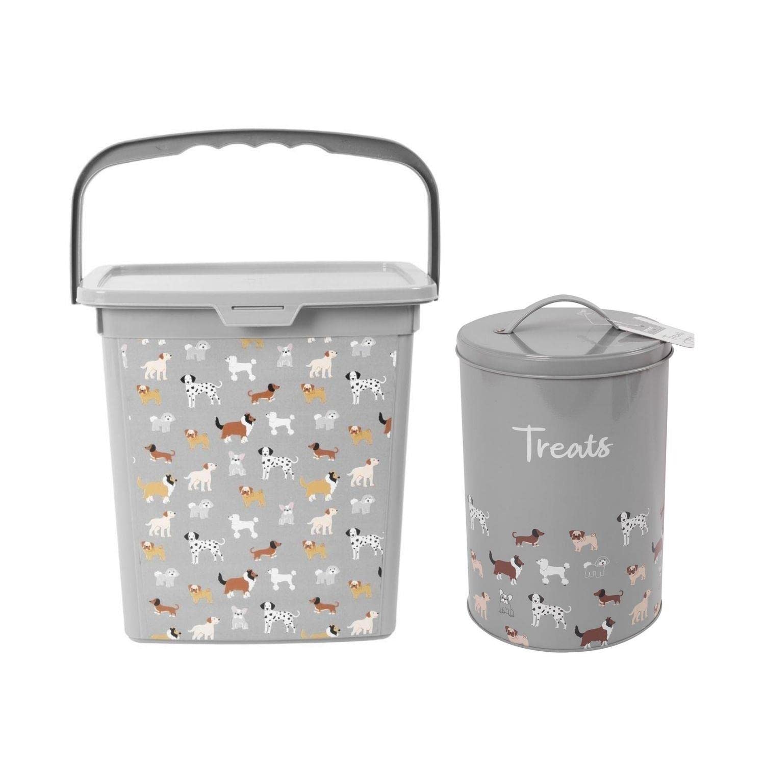 Yöl Grey Dog Food Bin With Scoop And Treat Tin Container Illustrated Pet Feeding Set