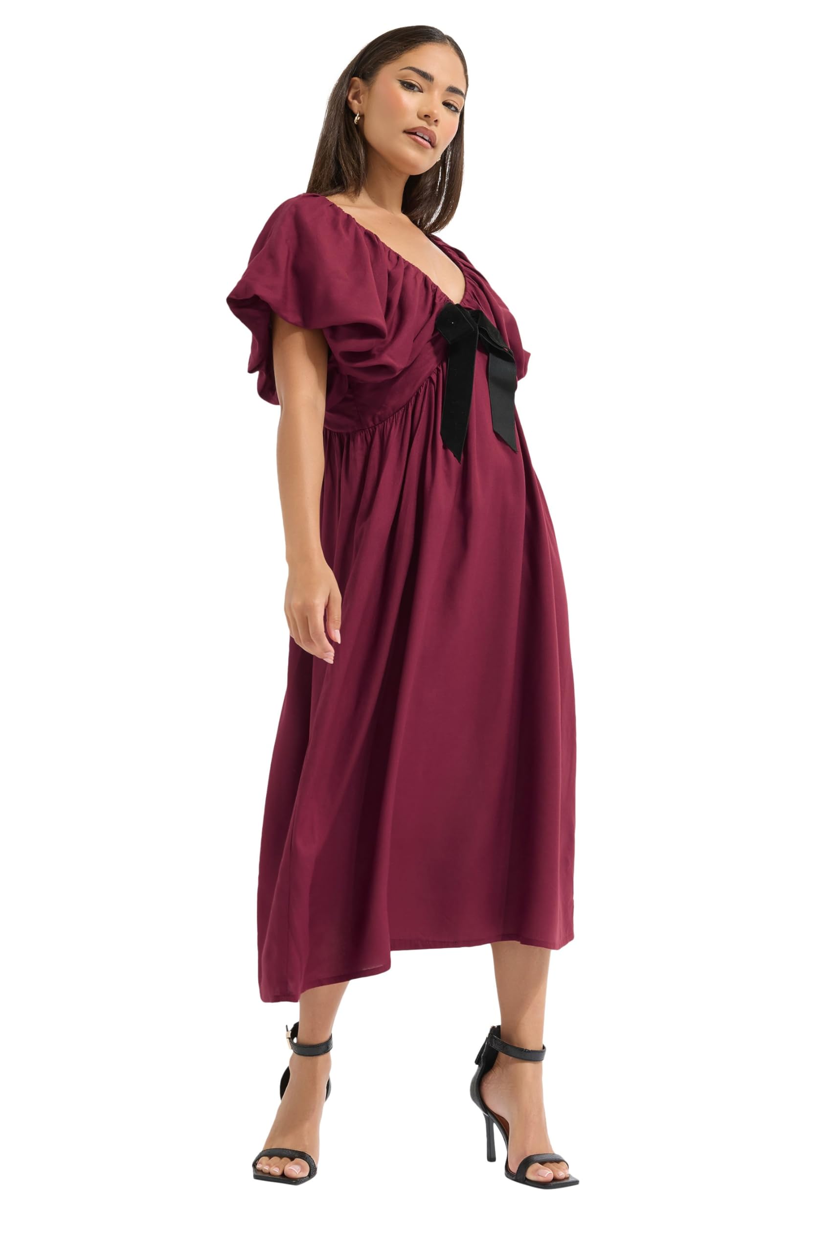 Pixiegirl Women's Red Petite Burgundy Velvet Bow Midi Dress Petite