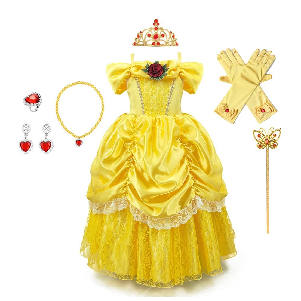 REXREII Belle Princess Beauty and the Beast Costume Girls Halloween Christmas Fancy Party Birthday Evening Gown w/Accessories