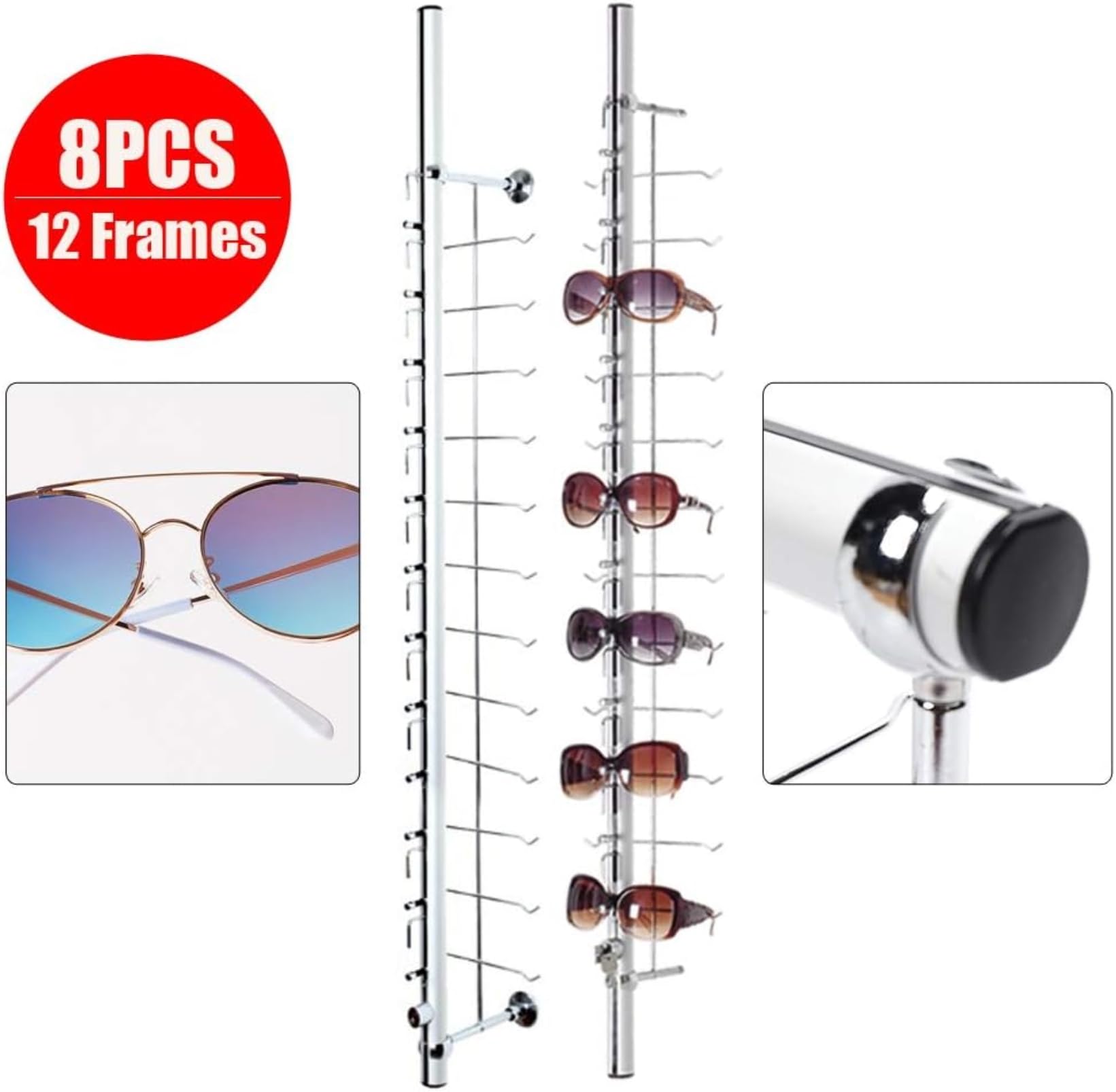 8 Paquete de Soporte de Soporte de Gafas montadas en la Pared Gafas de Sol bloqueables de Aluminio Gafas de Pantalla de Gafas para 12 Marcos 1.1m / 43.3in