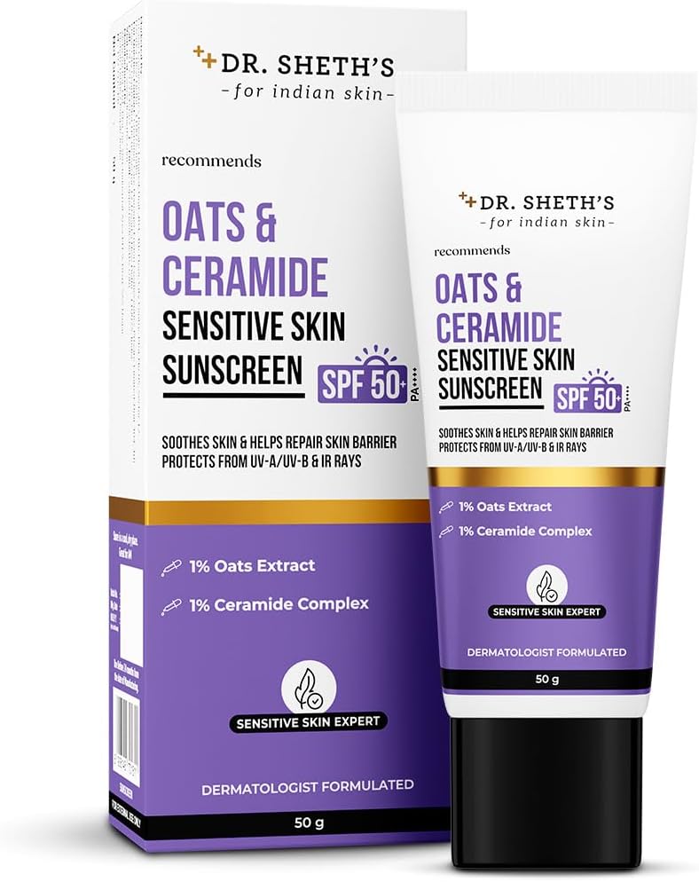 Oats & Ceramide Sunscreen SPF 50+ PA++++ | Clinically tested In-Vivo, Non-Comedogenic & Patch Test | Oil-Free Sunscreen For Sensitive, Dry & Acne Prone Skin | Lightweight & No White Cast | Calming, Soothing & Non-Irritating | Strengthens Skin Barrier | Mineral Filters, Sun Protection From UVA/B/IR Rays | Men & Women | 50 g