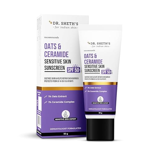 Dr. Sheth's Oats & Ceramide Sunscreen SPF 50+ PA++++ | Clinically tested In-Vivo, Non-Comedogenic & Patch Test | Oil-Free Sunscreen For Sensitive, Dry & Acne Prone Skin | Lightweight & No White Cast | Calming, Soothing & Non-Irritating | Strengthens Skin Barrier | Mineral Filters, Sun Protection From UVA/B/IR Rays | Men & Women | 50 g