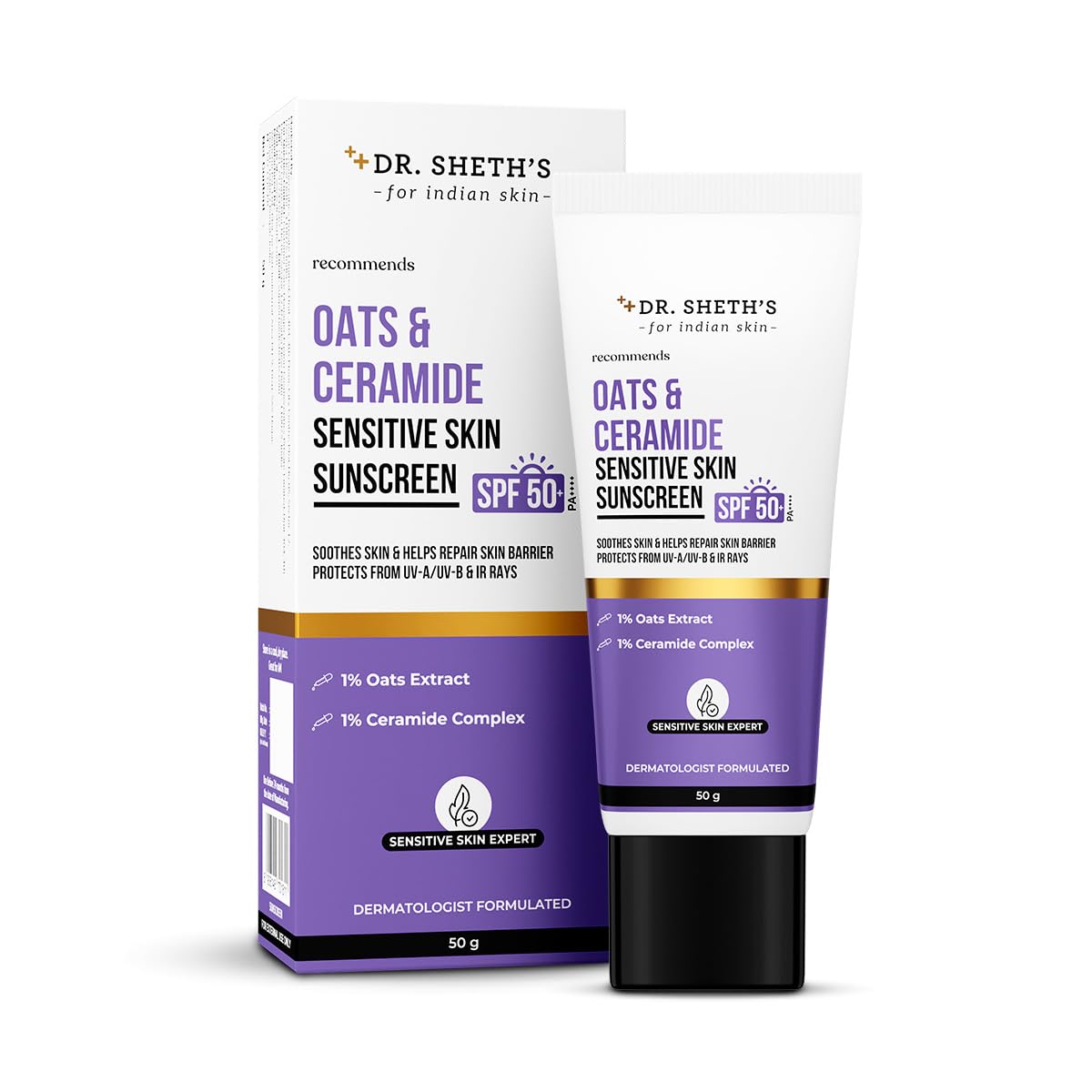 Dr. Sheth's Oats & Ceramide Sunscreen SPF 50+ PA++++ | Clinically tested In-Vivo, Non-Comedogenic & Patch Test | Oil-Free Sunscreen For Sensitive, Dry & Acne Prone Skin | Lightweight & No White Cast | Calming, Soothing & Non-Irritating | Strengthens Skin Barrier | Mineral Filters, Sun Protection From UVA/B/IR Rays | Men & Women | 50 g