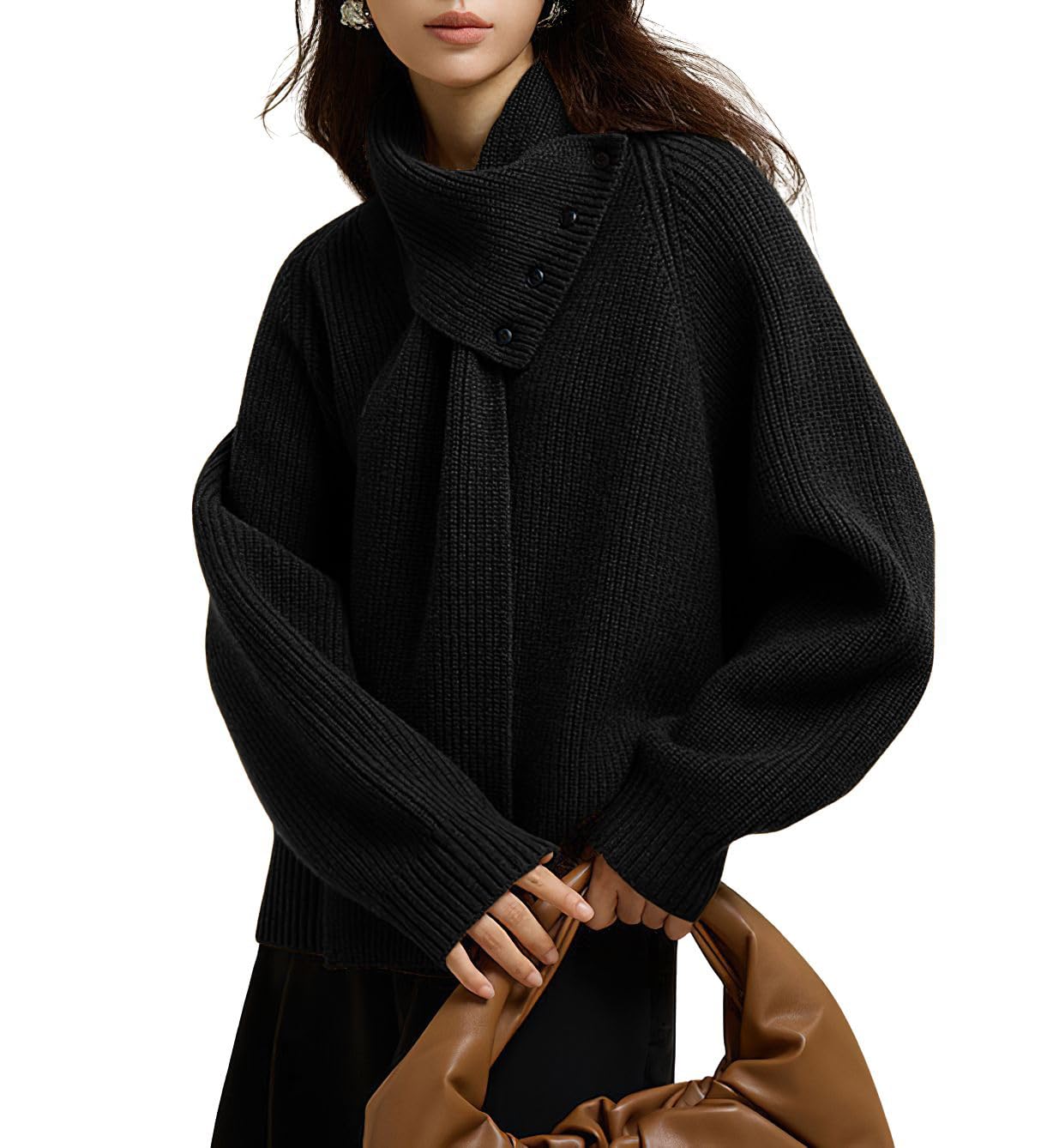 chouyatou Womens Casual V Neck Pullover Sweaters Ribbed Knit Slouchy Jumper Tops with Removable Scarf
