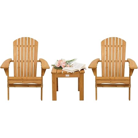 VINGLI Folding Wooden Adirondack Chair Set of 2 and Table Set, Fire Pit Seating Ergonomic Design, Folding Outdoor Patio Lounger Armchair Lawn Chairs Furniture w/Natural Finish, for Beach, Balcony