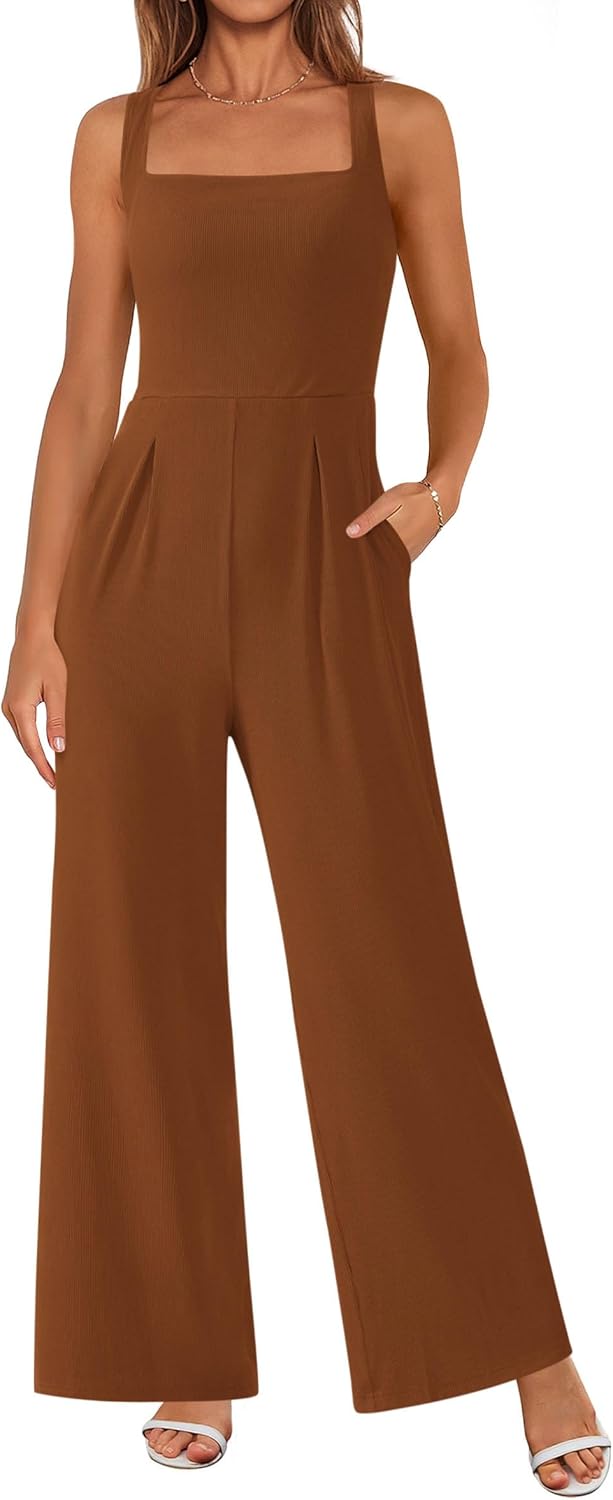 PRETTYGARDEN Summer Sleeveless Jumpsuits for Women Dressy Square Neck Wide Leg Pants Knit One Piece Rompers Fashion Clothing