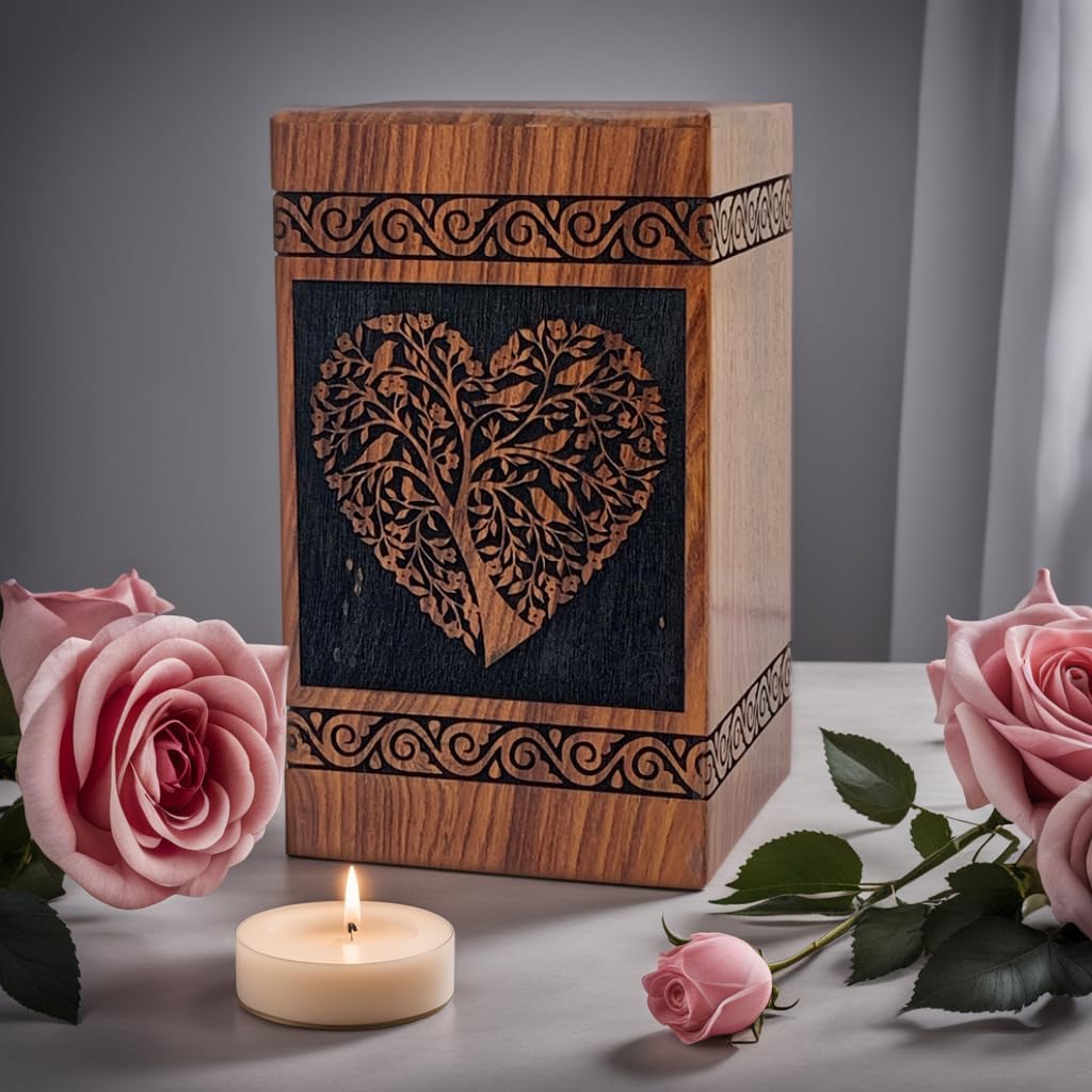 Wooden Urns for Human Ashes Tree of Life Urns Cremation Urns for Adult Ashes Funeral Urns Wooden Pet Urn Wooden Urn Box ((Large - 11.25" Hx6.25 W (250 Cu/in), Heart Black)