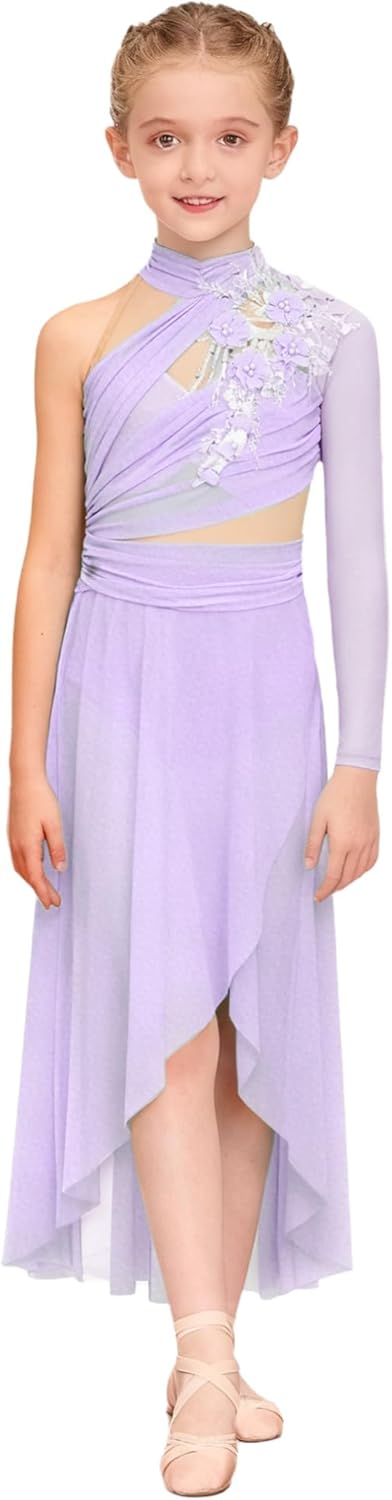 ranrann Kids Girls Lyrical Contemporary Dance Dress Mock Neck Ballet Dance Leotard High Low Split Long Dress