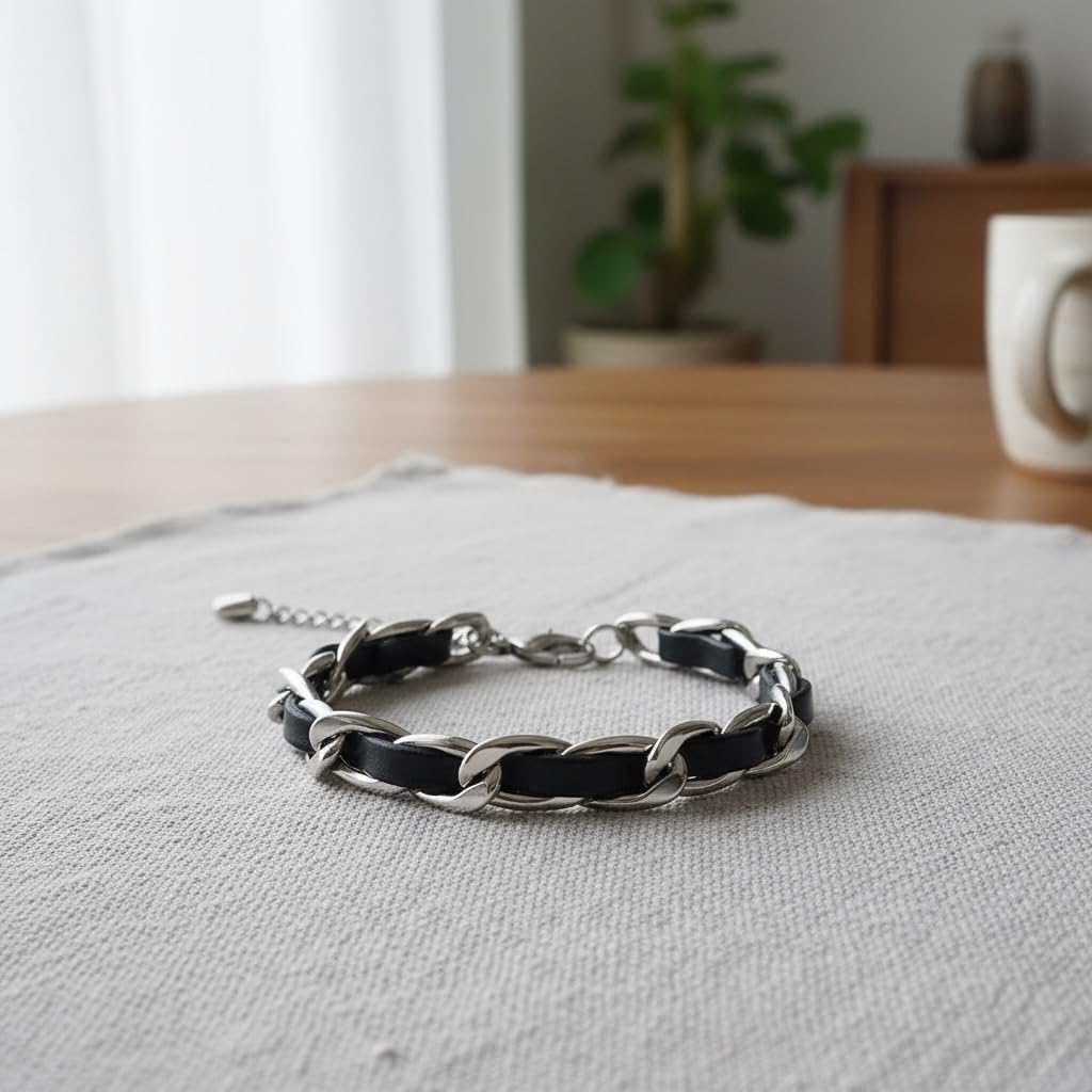 18K White Gold Plated over Stainless Steel Chain Bracelet with Black Leather Weave, Fashion Statement Piece for Women, Tarnish Proof, 6 inch length with Extension - Image 6