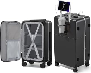 28 Inch Luggage with Cup Holder and Charge,Top Opening Hard Shell Suitcases with Wheels and Dividers,Aluminum Frame Trunk Luggage Extra Large Suitcase with Lock for Travel,Jet Black