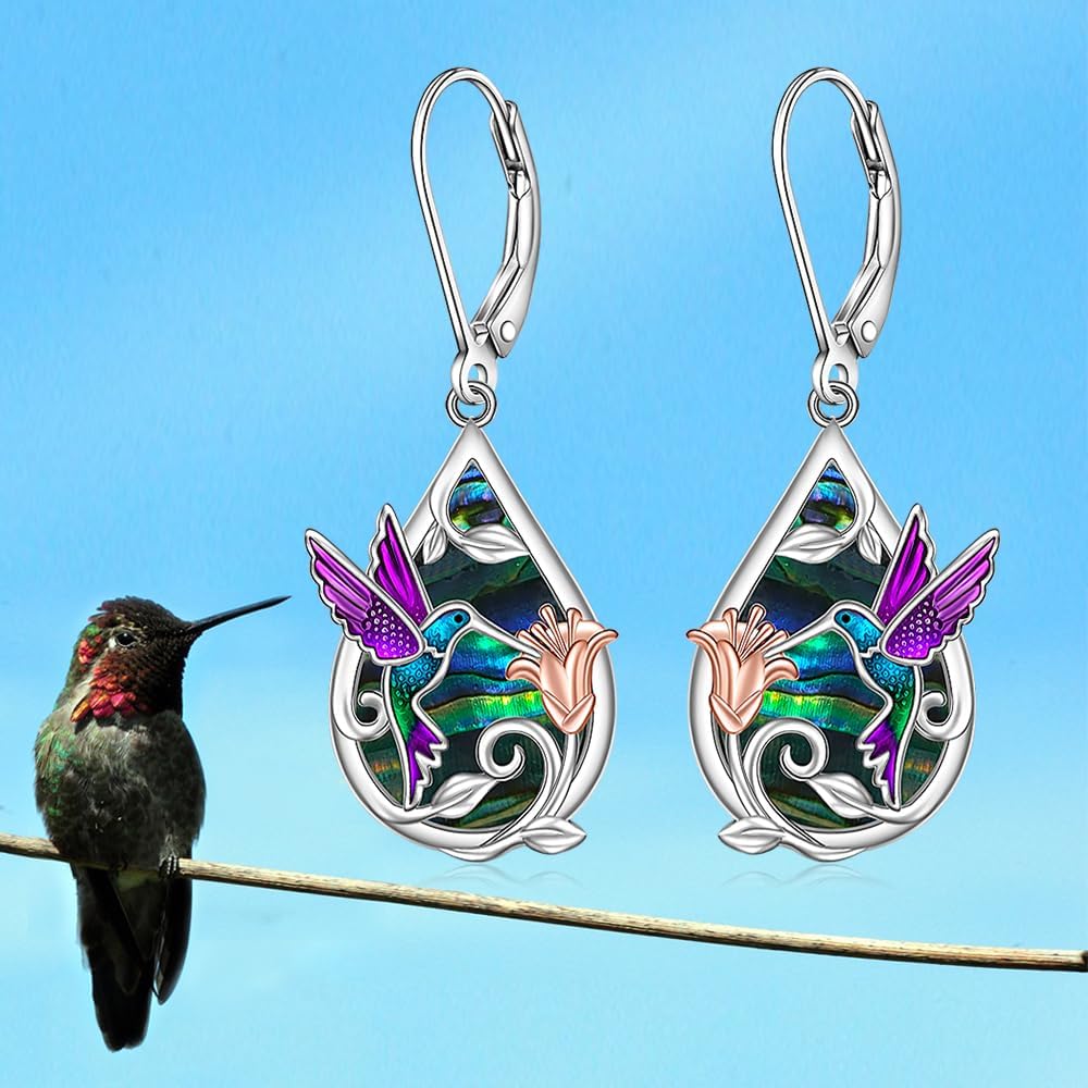 Hummingbird Earrings for Women Sterling Silver Abalone Purple Hummingbird Dangle Drop Earrings Bird Jewelry Christmas Gifts - Image 6
