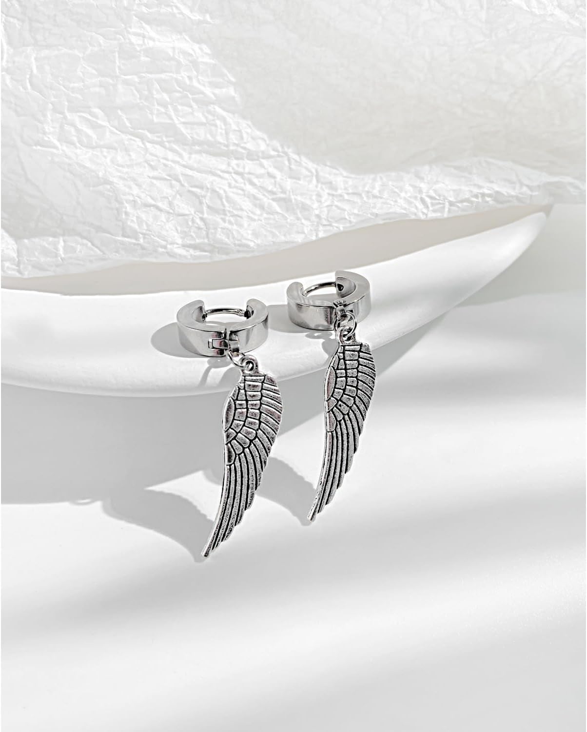 Angel Wings Huggie Hoop Earrings for Women Men Punk Stainless Steel Silver Feather Dangle Drop Earrings Trendy Mini Small Cuff Hoop Earring Hypoallergenic Wing Statement Earring Halloween Birthday Party Jewelry - Image 3