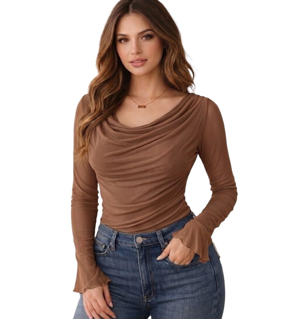 Women's Long Sleeve Ruched Top, Cowl Neck Fitted Blouse, Wine Red-picture-43