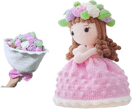 Handmade Bridal Wedding Bouquet, Handmade Crochet Bride Princess Holding Flowers, Handmade Crochet Dolls, Cross Dressing Crochet Bride Dolls, Knitted Princess Bouquet