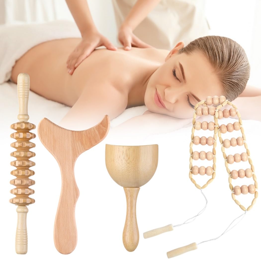 4-in-1 Holztherapie-Massagewerkzeuge, Massage-Set für Lymphdrainage, Holz-Massagebecher, Roller Stick, Roller Rope und Contouring Board, Körperformungsset für Massage, Entspannung und Körperpflege