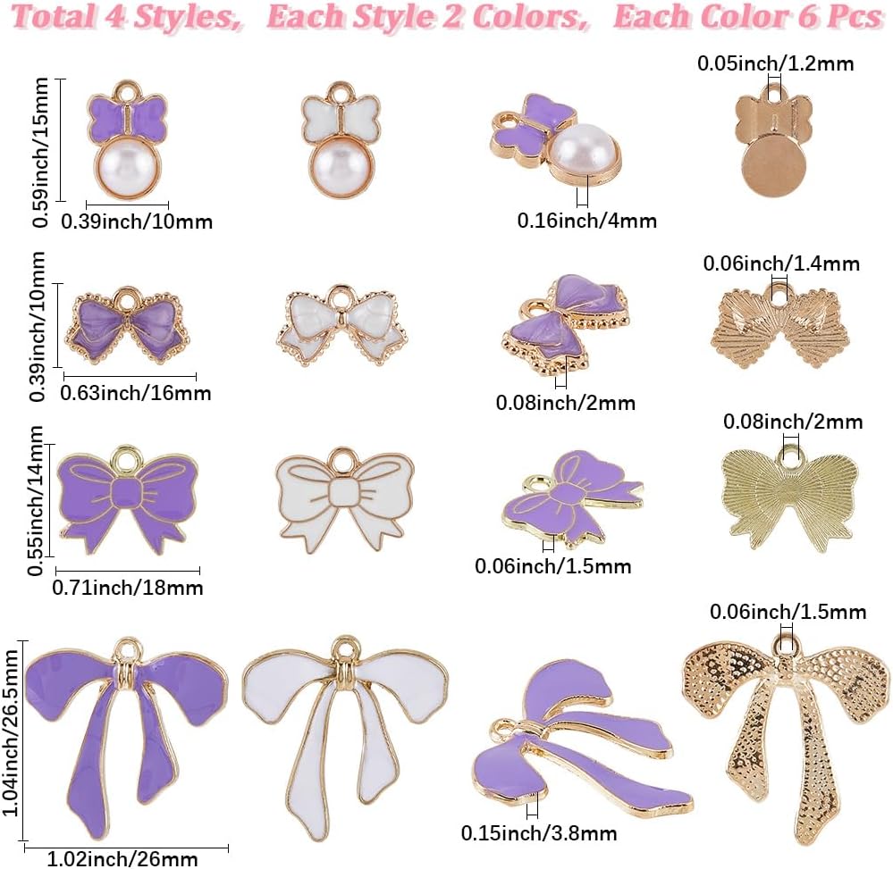 SUNNYCLUE 1 Box 4 Styles 48Pcs Enamel Bow Charms Bowtie Charms Bulk Small White Purple Metal Alloy Bows Cute Bowknot Charms for Jewelry Making Charms Diy Bracelets Necklaces Earrings Supplies Women