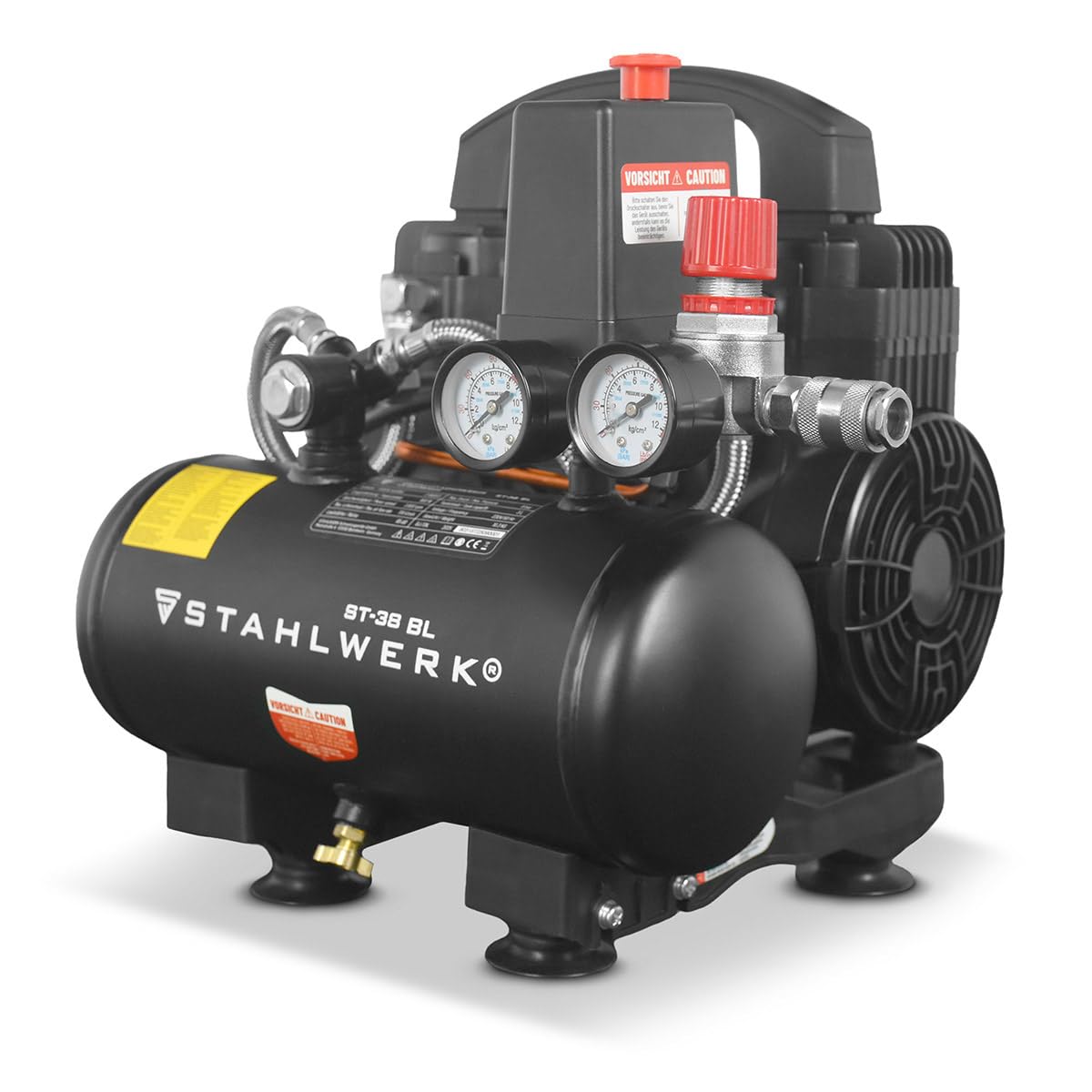 STAHLWERK Compresor con tanque de 3 L (ST-38 BL) – sin aceite y silencioso, 8 bar, compresor de aire con motores sin escobillas, 1,22 CV, 0,90 kW, 170 l/min, compresor de pistón silencioso