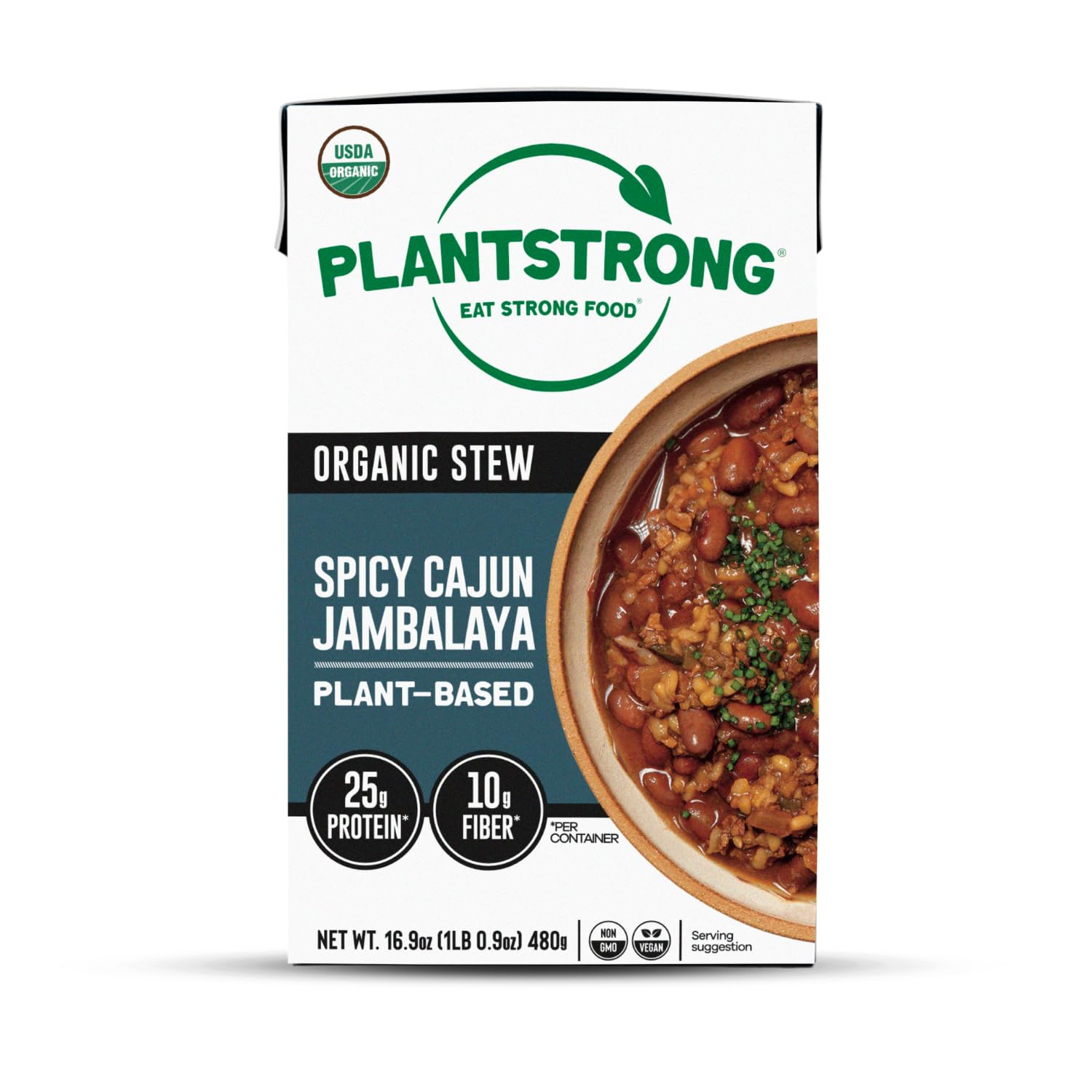 PLANTSTRONG Chili & Stew – USDA Organic, Non-GMO, Plant-Based, Vegan, Gluten-Free, Oil-Free, Lightly Salted, Ready to Heat & Serve (16.9 oz, Spicy Cajun Jambalaya Stew)
