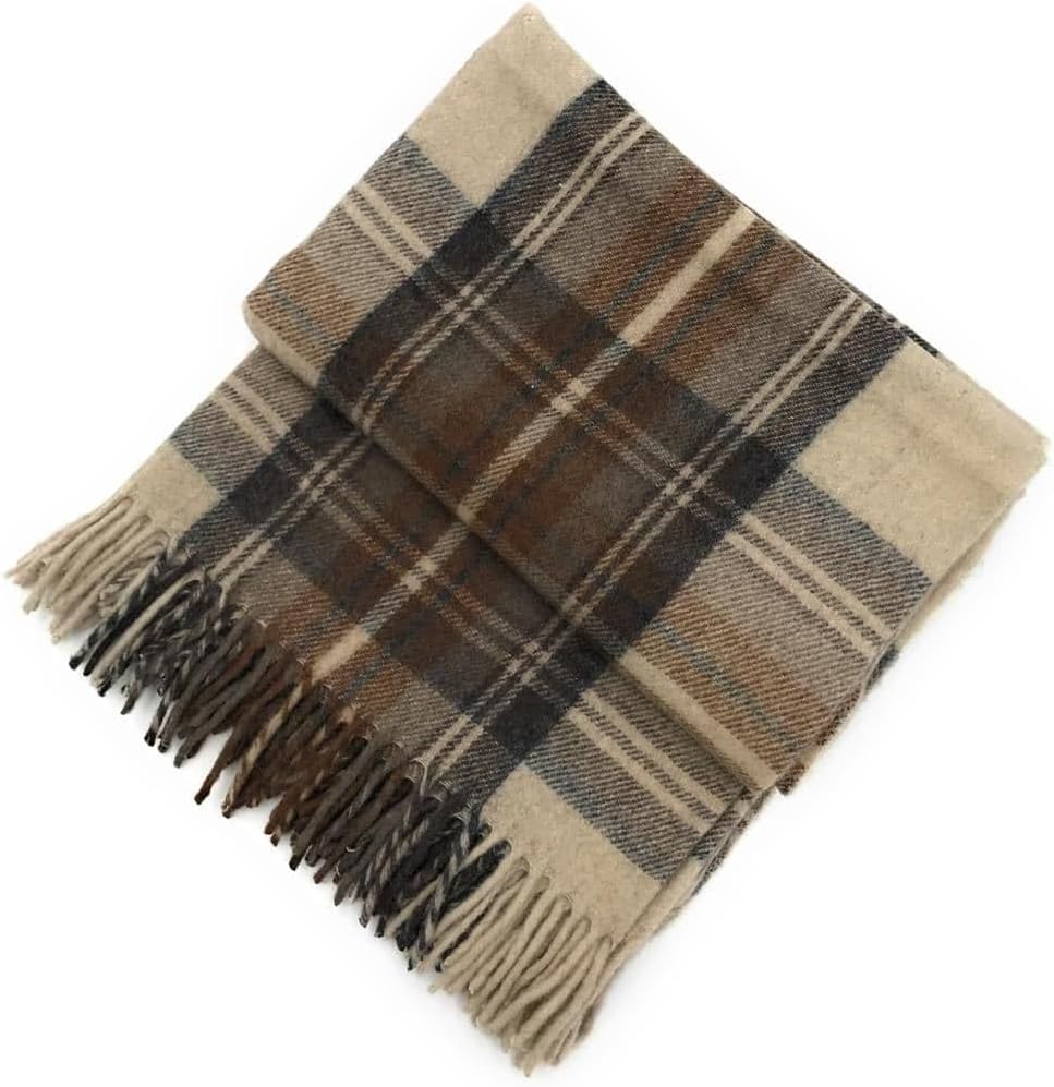 Soft Wool Tartan Knee Blanket - 185x77cm Scottish Tartan Check Rug with Fringed Edges – Warm Sofa, Travel & Car Blanket for Christmas (Stewart Natural Dress)