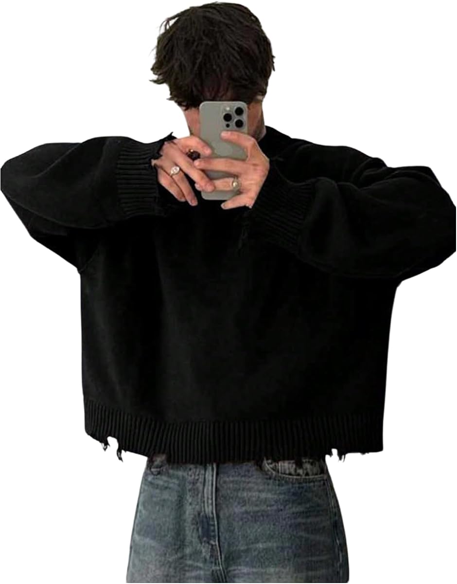 BEAUDRM Men's Grunge Y2k Ripped Sweaters Crew Neck Long Sleeve Knit Baggy Pullover Tops Casual Jumper Knitwear