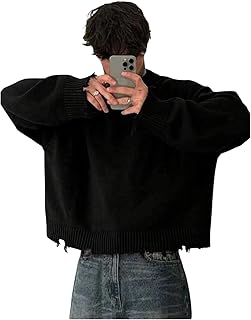 BEAUDRM Men's Grunge Y2k Ripped Sweaters Crew Neck Long Sleeve Knit Baggy Pullover Tops Casual Jumper Knitwear
