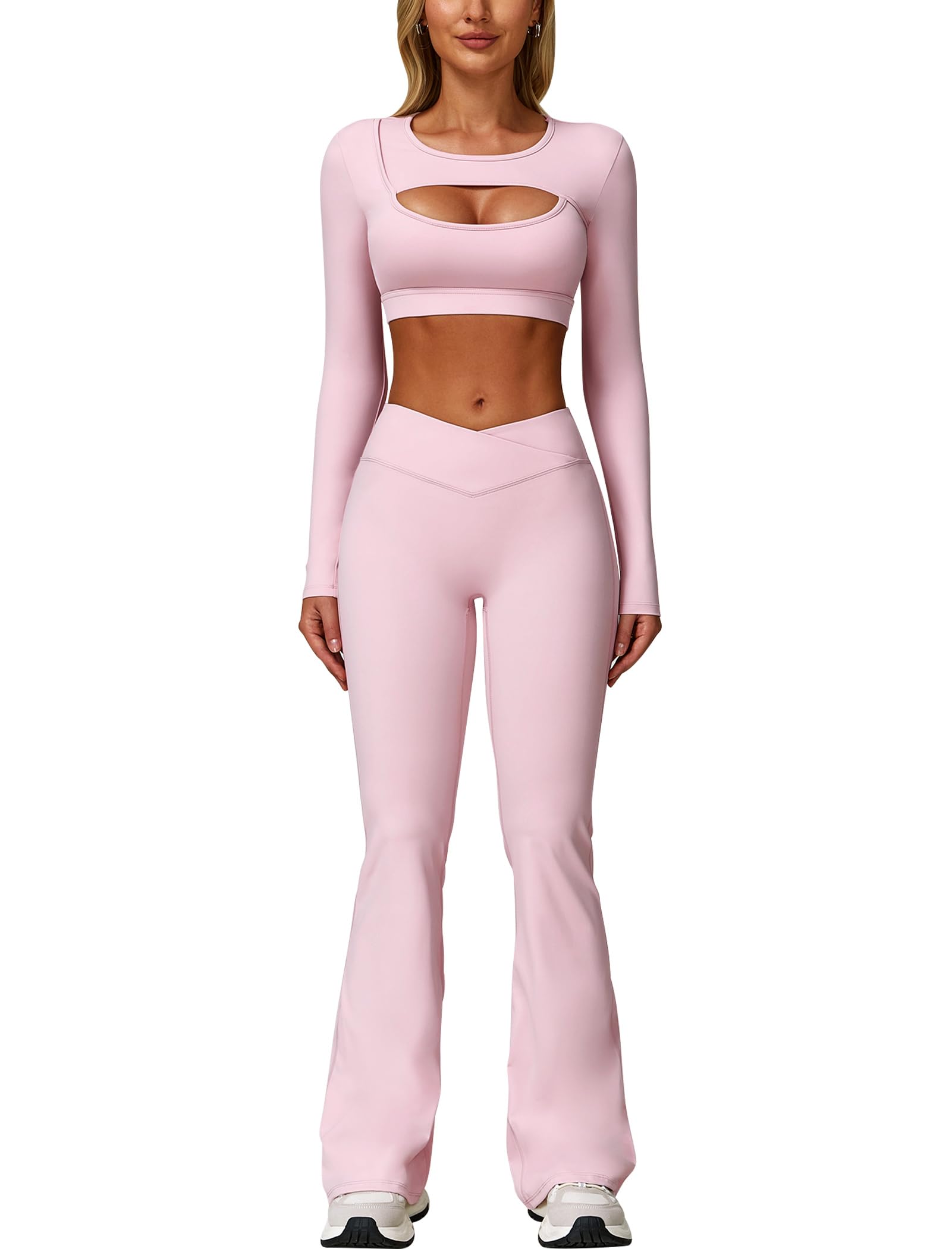 2 Piece Workout Sets for Women Seamless High Waist Flare Leggings Yoga Long Sleeve Cutout Crop Tops Athletic