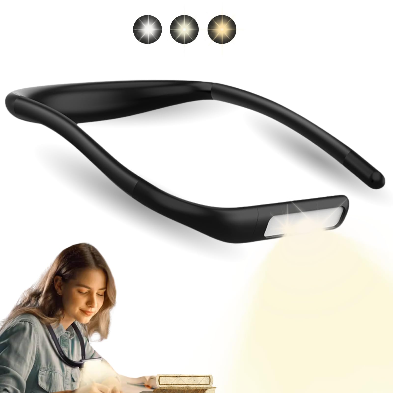PicoDance Neck Reading Light, Black, LED, Rechargeable, Adjustable Color & Brightness, 270 Rotatable, Hands-Free, Energy Efficient