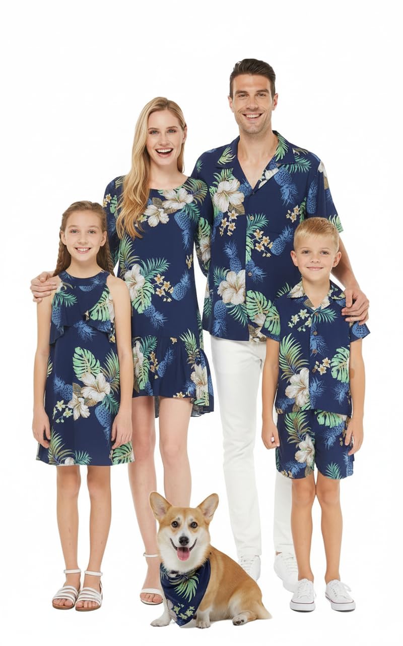 Matchable Family Hawaiian Luau Men Women Girl Boy Clothes in Pineapple Garden Navy