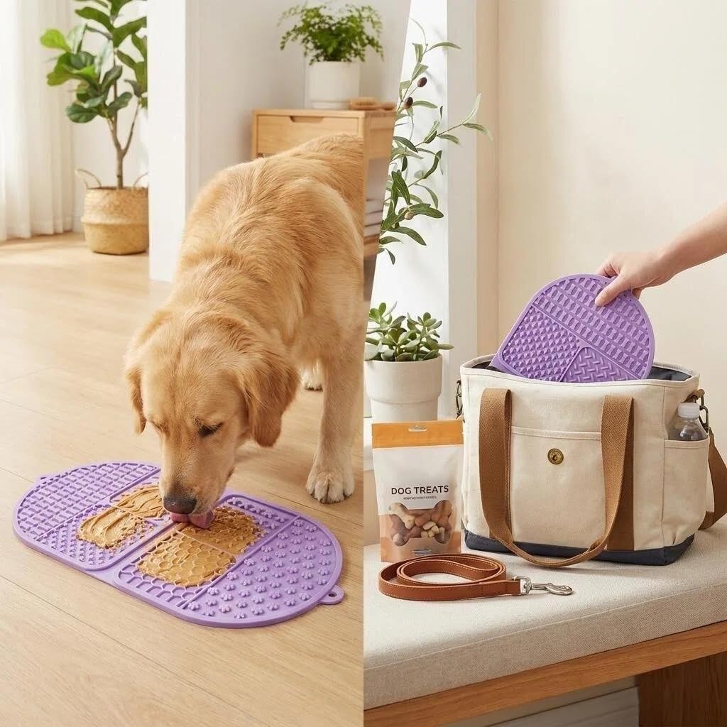 Tappetino pieghevole per leccare cani, 142 ventose in silicone, con 6 zone strutturate, tappetino per alleviare l'ansia, per la toelettatura del bagno, senza BPA, per cani e gatti (viola, 44