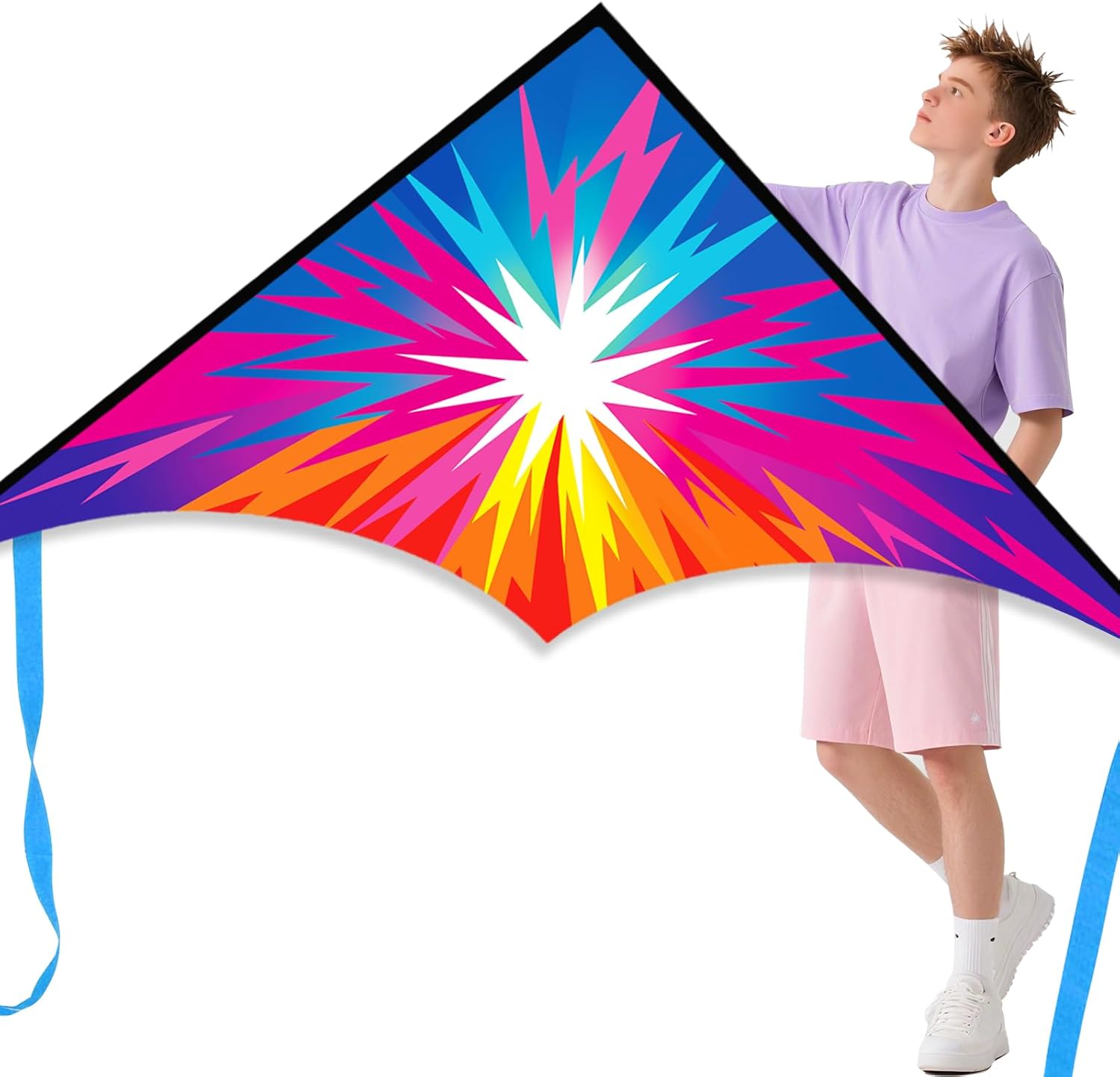 Xida Large Delta Kite for Kids & Adults - Easy to Fly Kites for Kids Ages 4-8 & 8-12, Vibrant Rainbow Kite with Cool Lightning Design