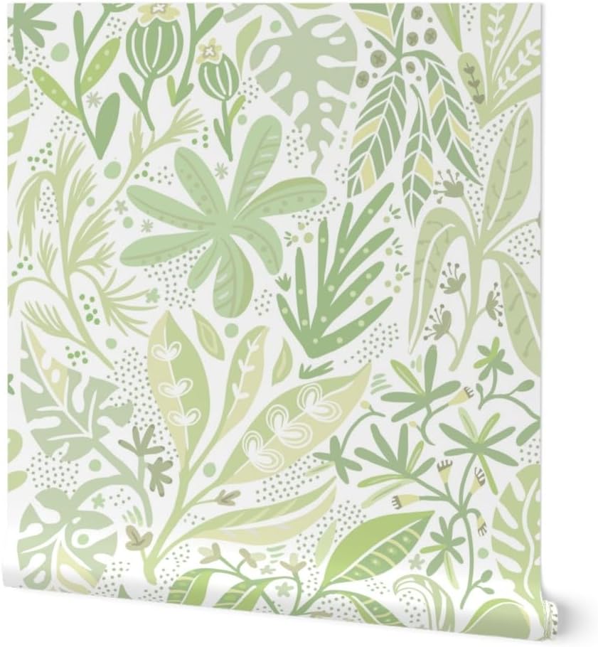 Spoonflower Peel & Stick Wallpaper 3ft x 2ft - Meadow Leaves Olive Green Botanical Neutral Custom Removable Wallpaper