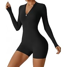 Women Long Sleeve Workout Jumpsuit Zip Up Romper Bottom Shorts Bodysuit Bodycon Sexy One Piece Black black, L