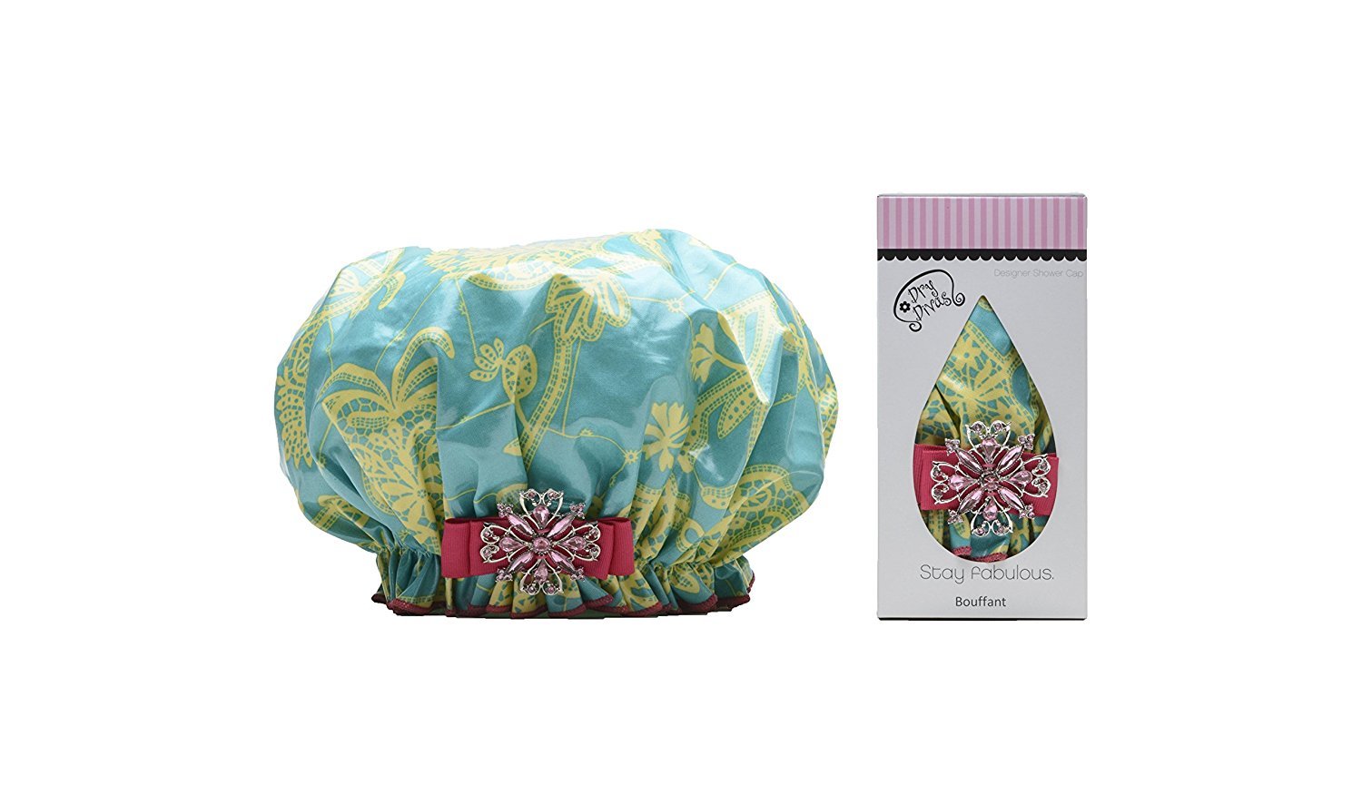 Designer Shower Cap For Women - Washable, Reusable - Large Bouffant Cap With Vintage Jeweled Brooch (Parlez-Vous Deevah)