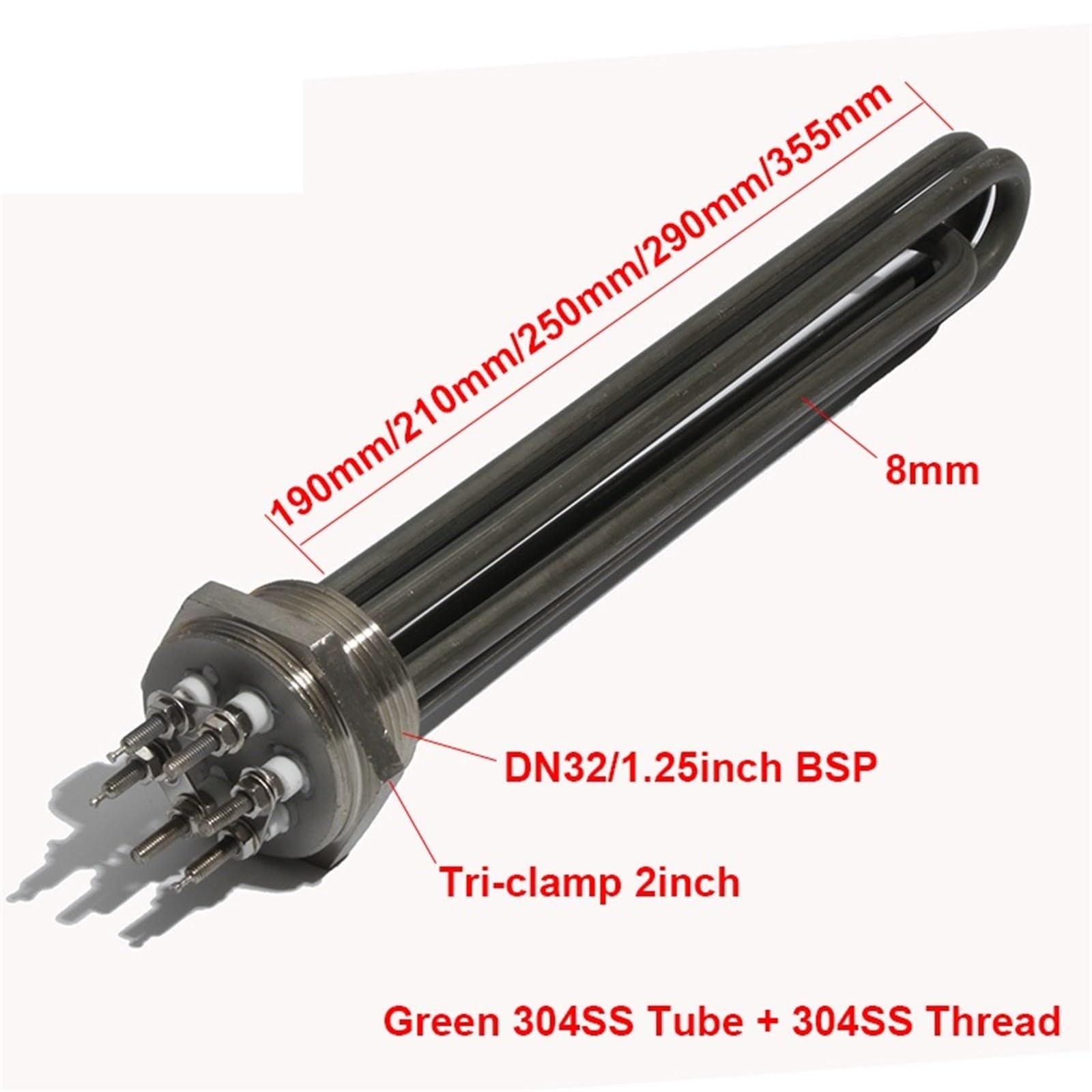 Element grzejny Grzałka LJXH z gwintem BSP 1,25 cala do wody/oleju, zielona, ​​304SS, DN32(380V,9KW 290mm DN32)