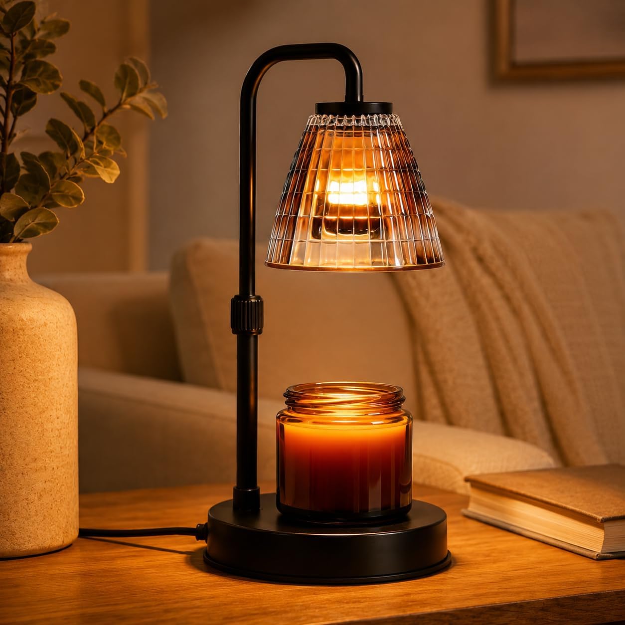 Candle Warmer Lamp with Timer, Dimmer, Ribbed Glass Shade | Adjustable height, top-down wax warming, black metal base, candle not included