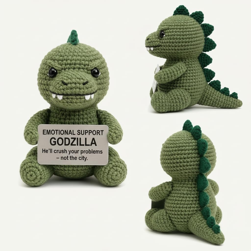 Handmade Emotional Support Gozilla Crochet Doll, Cute Kaiju Monster Amigurumi Plush Toy, Stress Relief Desk Decor & Funny Gift for Monster Fans, Kids, and Adults