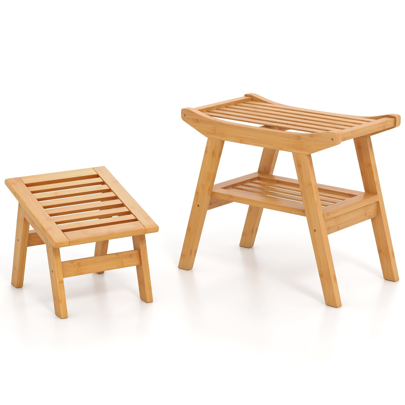 Homasis Set de Banco de Ducha de Bambú con Estante de Almacenamiento, Taburete de Ducha de Baño con Antideslizante para Pies, Capacidad de Carga 150 kg, para Adultos, Mujeres Mayores, Ancianos, Interi