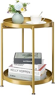 danpinera 2-Tier End Table, Outdoor Side Table Metal Round Side Table with Removable Tray, Small Folding Accent Table, Anti-Rust Nightstand for Bedroom Balcony Patio Living Room (Gold)