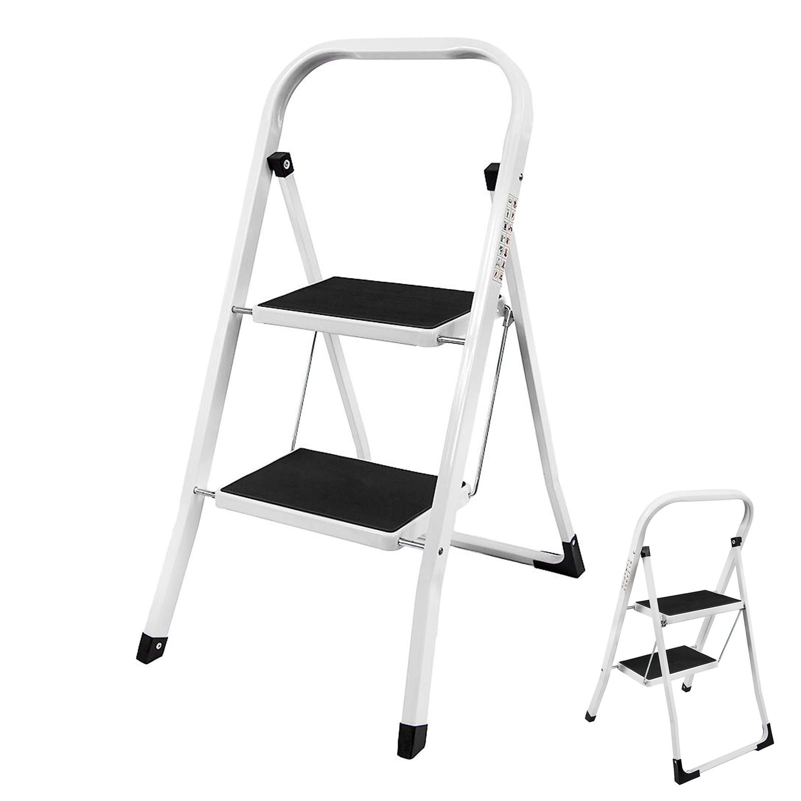 Stepladder 2 Tread Step Ladders Steel Heavy Duty Folding 150kg Capacity with Anti-slip Mat for Home Garden Works Indoor Outdoor