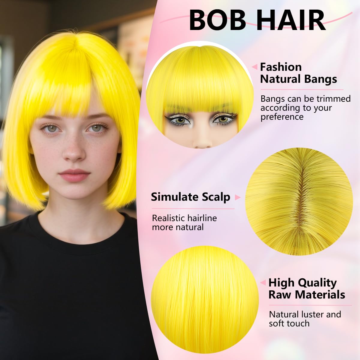 Yellow Bob Wigs for Women 12" Short Bob Wigs with Bangs Synthetic Heat Resistant Fiber Colourful Straight Bob Wig Cosplay Party Christmas Halloween Daily Use (Yellow) - Image 3