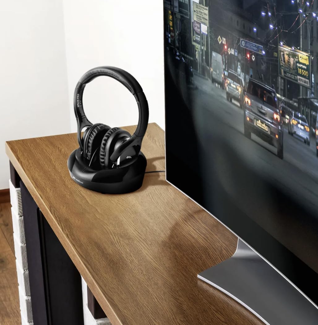 Meliconi Digital Plus Casque TV inalámbrico 863 MHz, Audio Digital óptico Toslink y AUX, Alcance 100 m, Base de Carga, estéreo sin interferencias