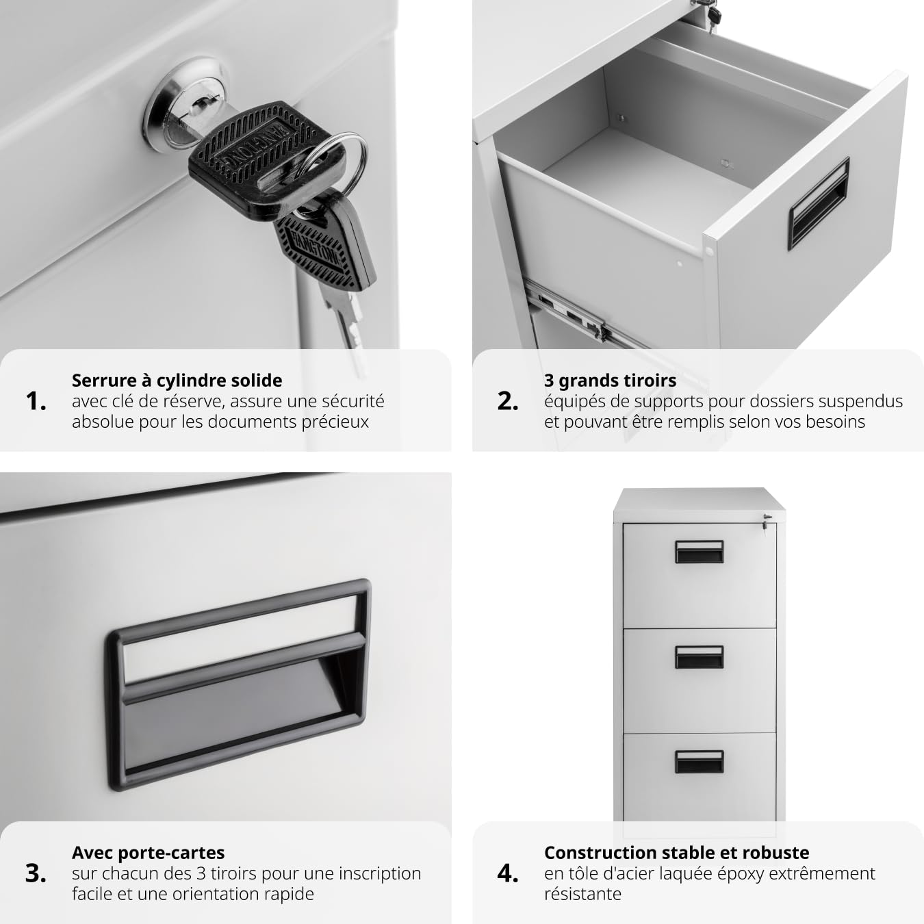tectake® Armoire de Rangement Meuble tiroir Metallique 3 Tiroirs pour Rangement Dossier, Caisson Bureau pour Dossiers Suspendus au Format DIN 4, Porte Document Bureau 62,4 x 46 x 102,8 cm - Gris