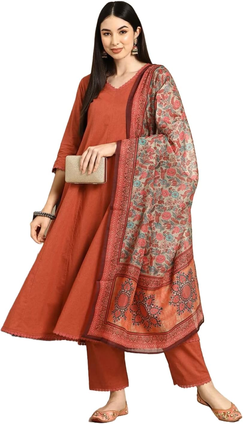 GoSriKi Women's Rayon Blend Anarkali Printed Kurta with Pant & Dupatta