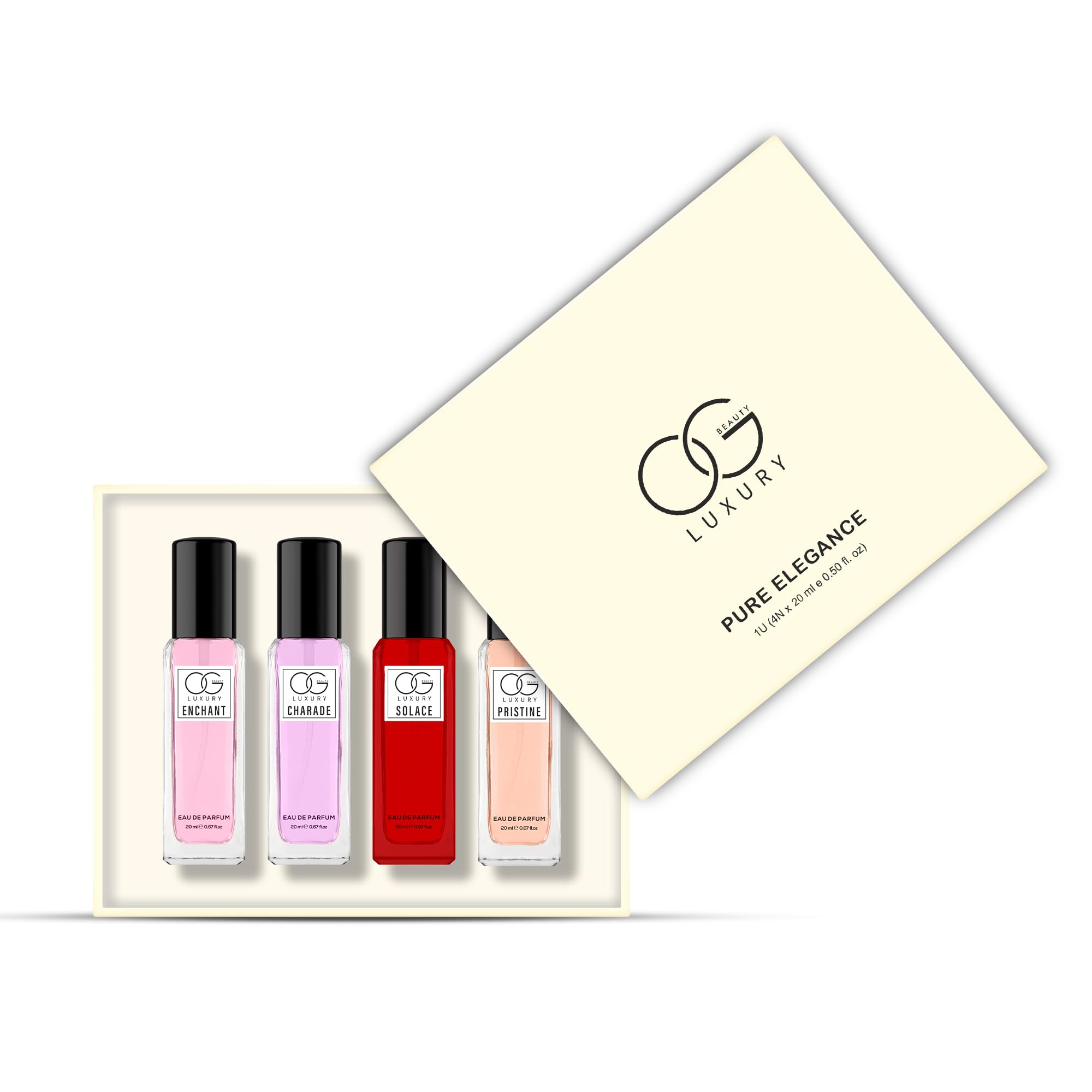 OG BEAUTY LUXURY Fragrances Pack of 4, 20ml | Charade, Solace, Enchant, Pristine | Perfume for Woman | Gift Set | Long Lasting EDP Fragrance Scent 1