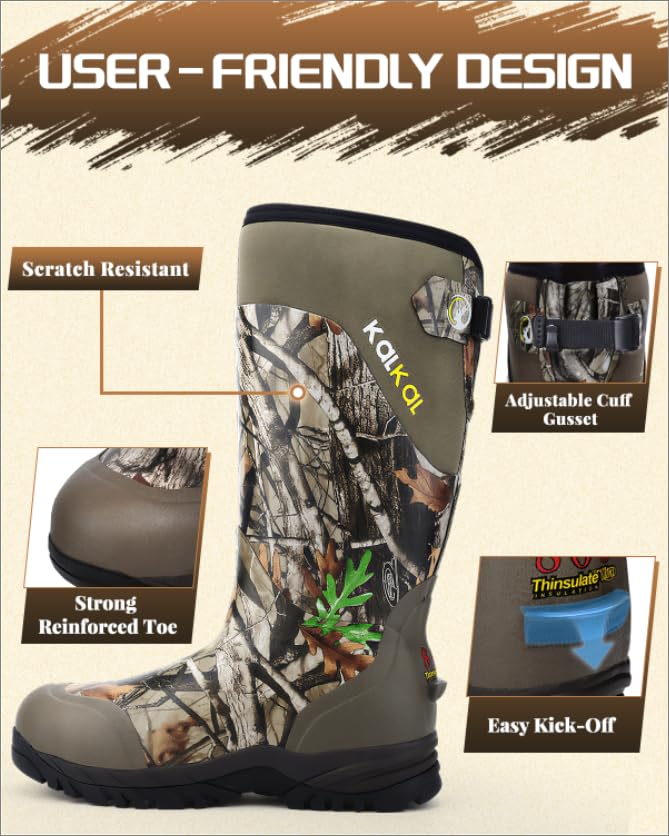 Kalkal Hunting Boots for Men with 800g Insulation, Waterproof Men's Insulated hunting boots with 7mm Neoprene, Sturdy Warm Rubber Boots for Outdoor Hunting Boots for Men (Size 6-14)3