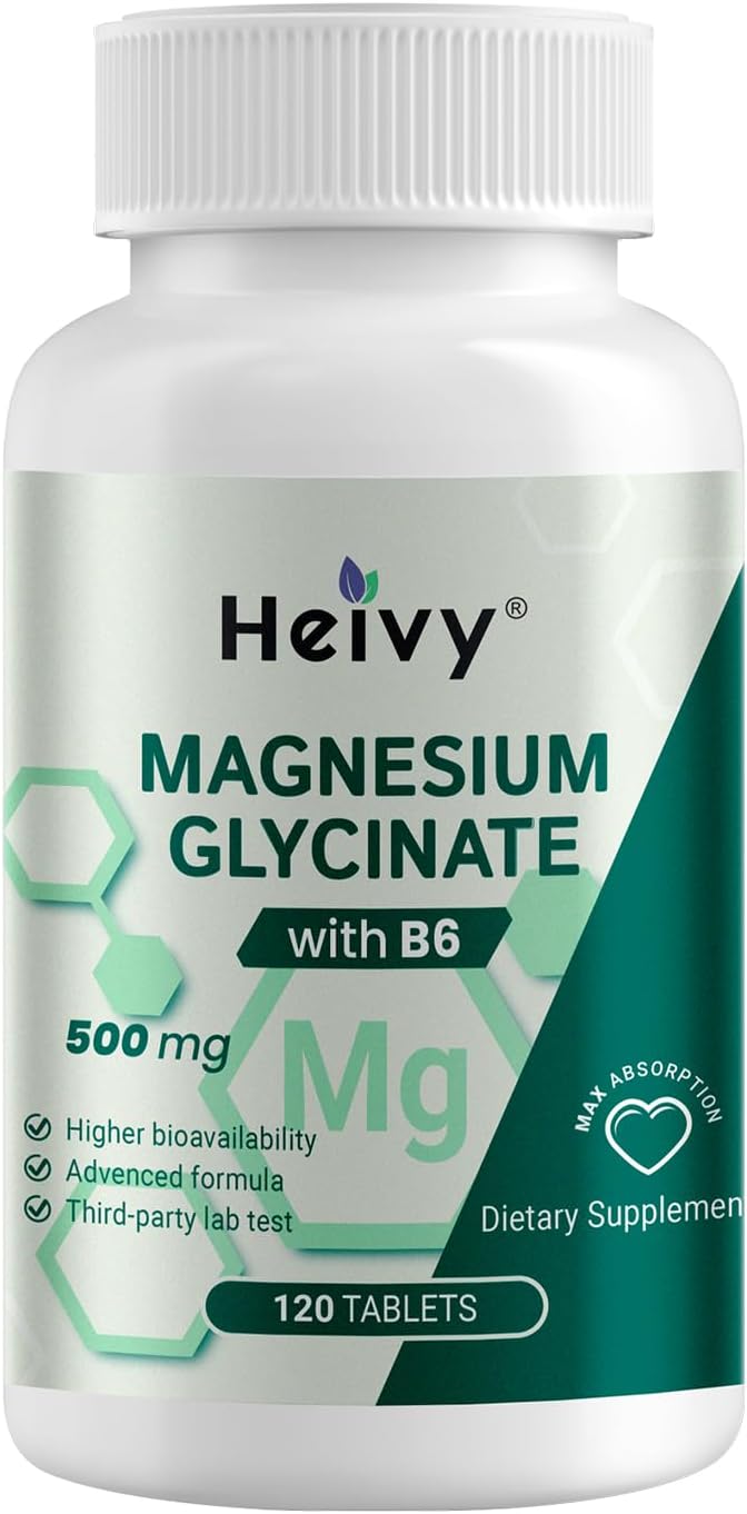 Magnesium Glycinate 500mg with Vitamin B6, Magnesium Supplement Supports Nerve Health, Sleep & Muscle Relaxation, Vegan, Gluten-Free, Made in USA, 120 Tablets